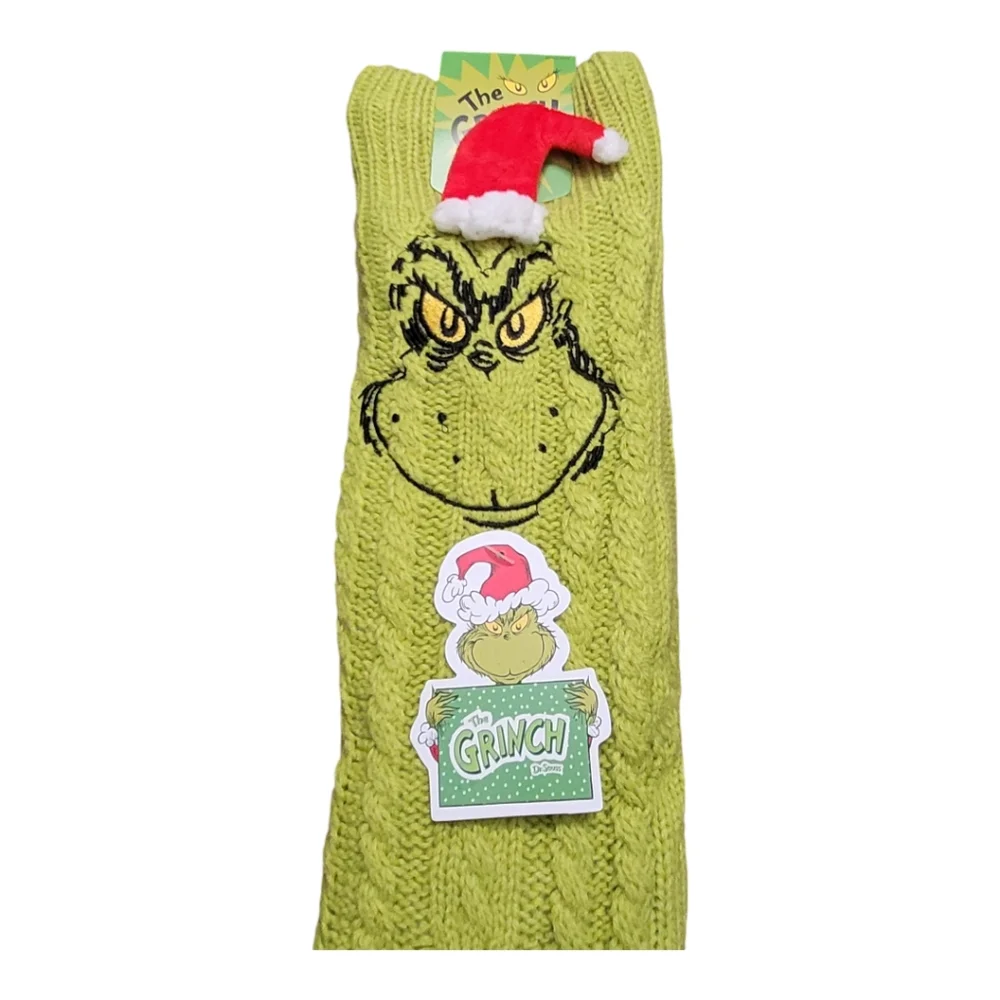Bioworld Grinch Sherpa Lined Santa Hat Knit Slipper Socks NWT (Shoe 5-10)